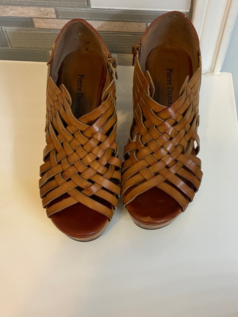 Pierre Dumas Cognac Woven Peep-Toe Wedge Sandals
